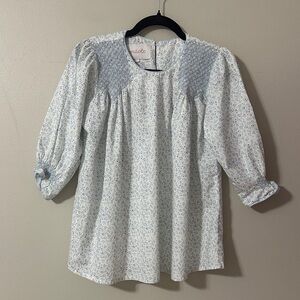 Dondolo Women's Fall Floral Shirt Blue Ditsy Print Smocking Sz XS Shabby Chic